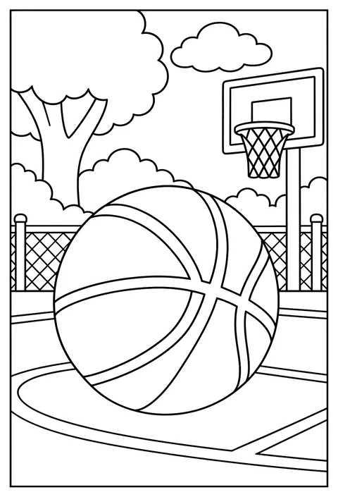 Close-up of a basketball with its lines drawn as patterns coloring page