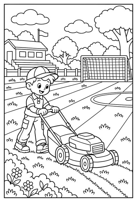 A gardener mowing a soccer field in stripes coloring page