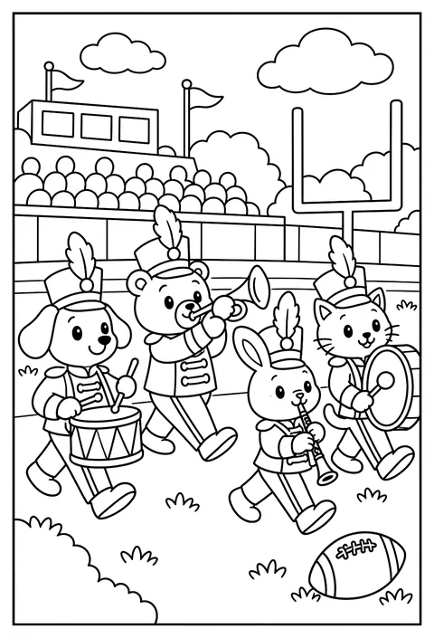 A marching band at a football game coloring page