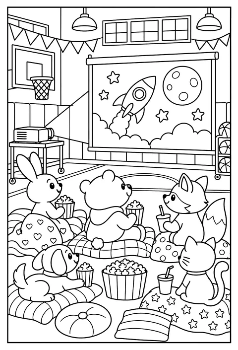 A movie night in a gym with a screen on the wall coloring page