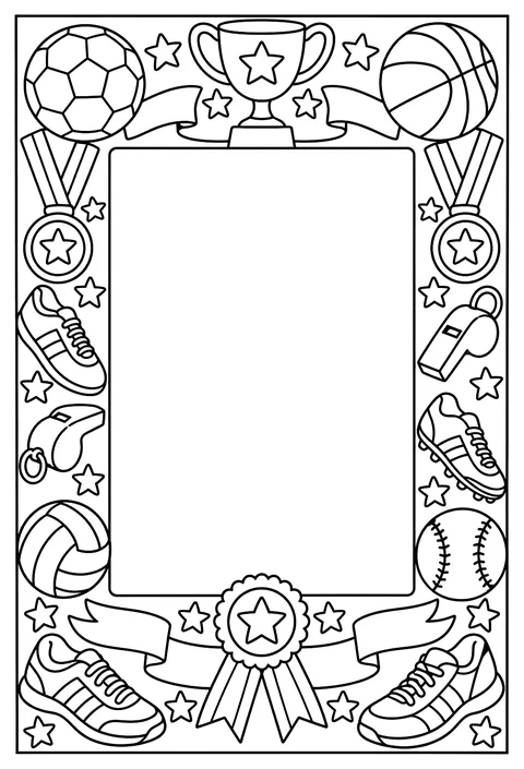 A page-border pattern of balls, medals, whistles and shoes around an empty frame coloring page