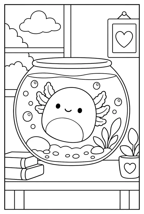 Archie the Axolotl Squishmallow floating in a round fishbowl with bubbles coloring page