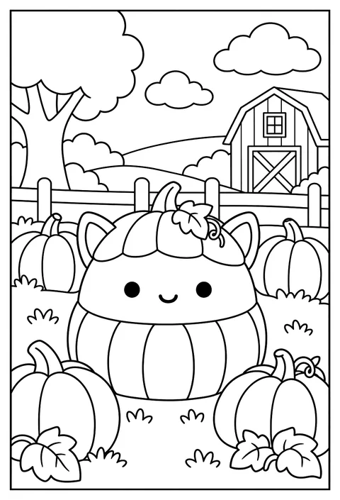 A Squishmallow dressed as a pumpkin sitting in a pumpkin patch coloring page