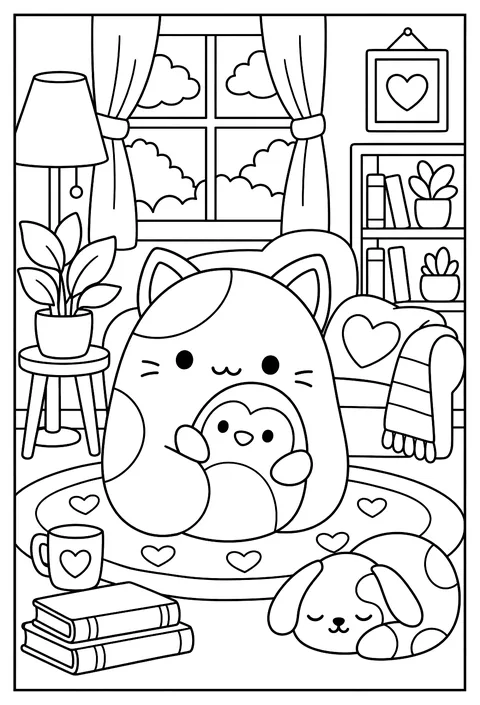 A Squishmallow hugging a smaller Squishmallow in a cozy living room coloring page
