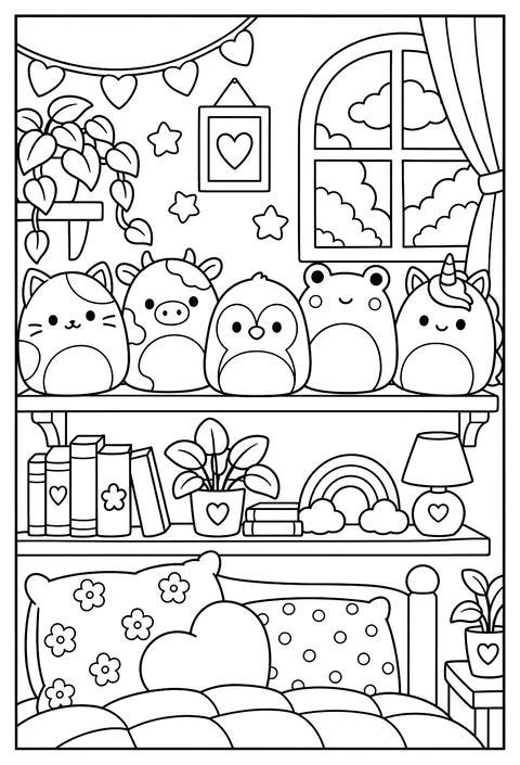 A row of Squishmallows lined up together on a bedroom shelf coloring page