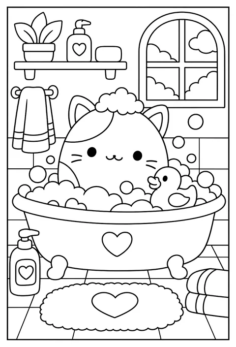 A Squishmallow taking a bubble bath with a rubber duck coloring page