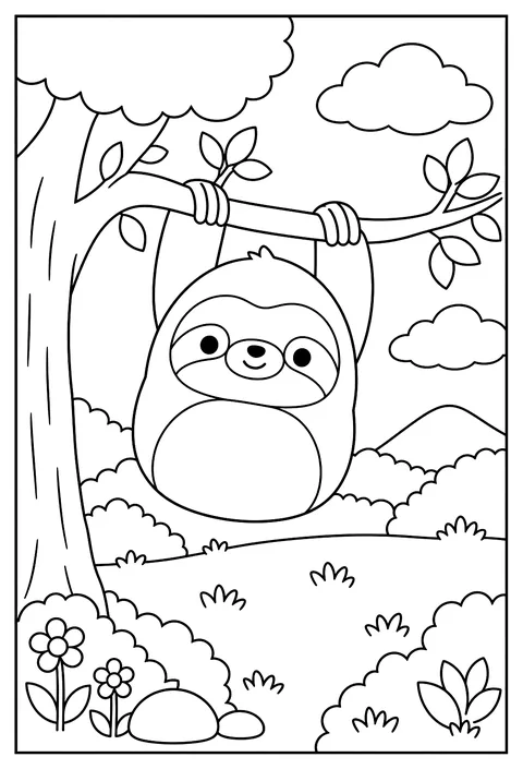 Winston the Sloth Squishmallow hanging from a tree branch coloring page