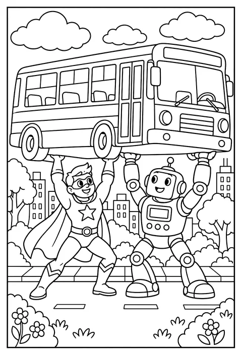 A superhero and a robot lifting a bus together coloring page