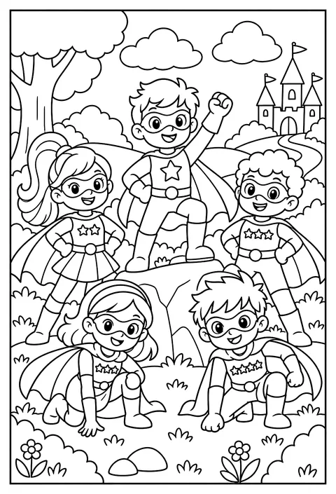 Count-and-color: five heroes with 1 to 5 stars on their chests coloring page