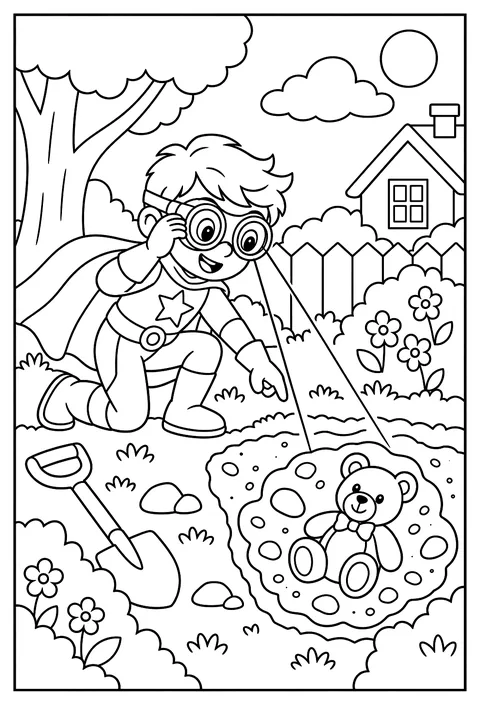 A superhero detective with x-ray goggles finding a lost toy coloring page