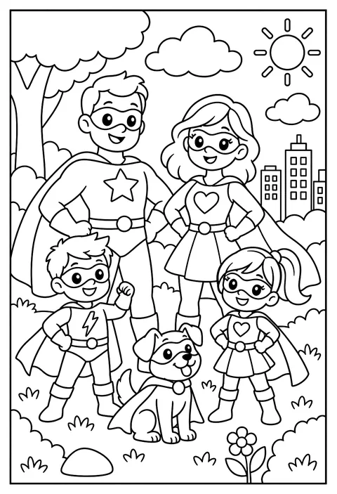 A superhero family portrait, the dog has a cape too coloring page