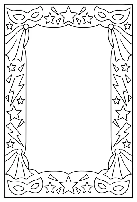 A page-border pattern of lightning bolts, stars, masks and capes around an empty frame coloring page