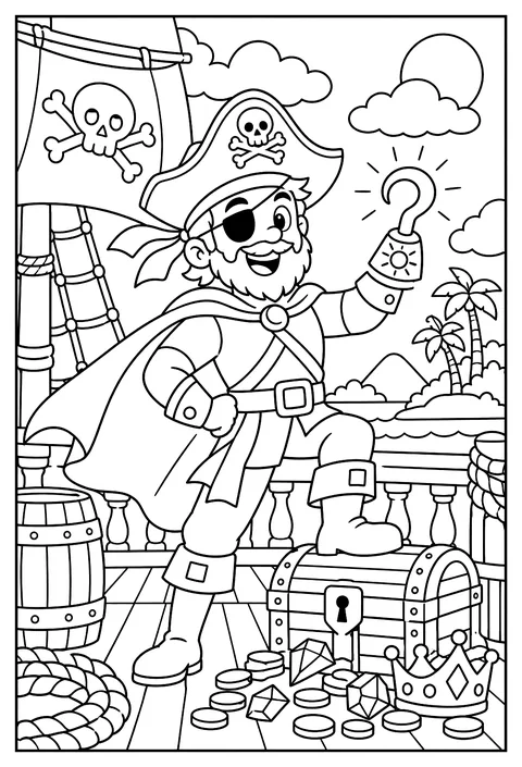 A superhero pirate with a cape and a hook made of light coloring page