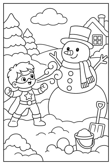 A snow superhero making a giant snowman with super breath coloring page