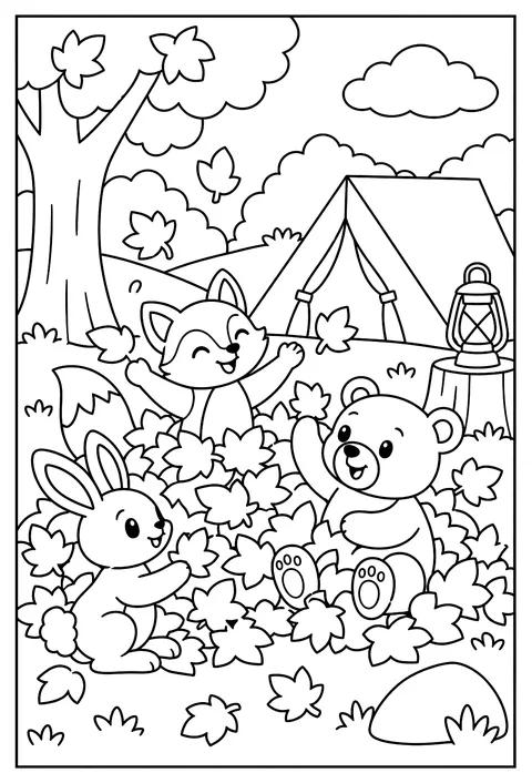 Animals camping in a pile of leaves coloring page