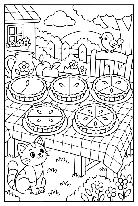 Count-and-color: five pies with 1 to 5 slices coloring page