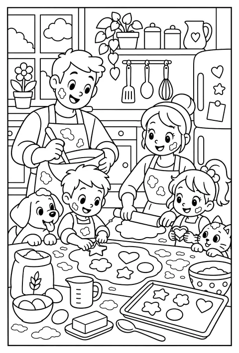 A family cooking together, flour everywhere coloring page