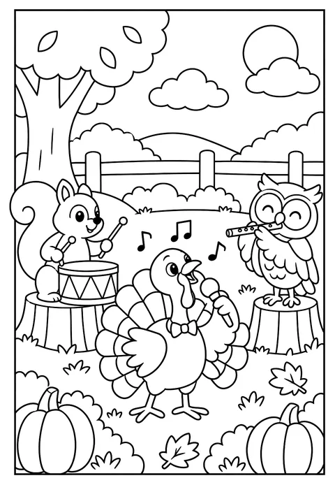 A harvest band: turkey singer, squirrel drums, owl flute coloring page