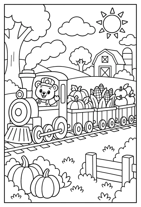 A harvest train with pumpkins, corn and apples in the cars coloring page