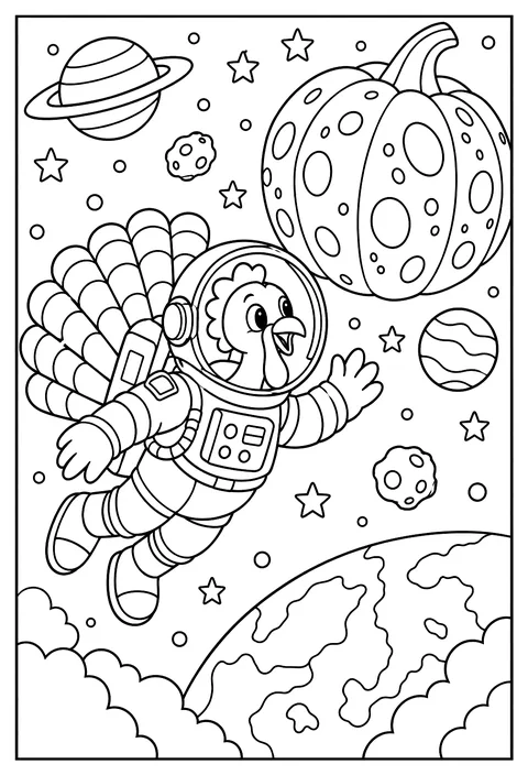 A turkey astronaut floating past a pumpkin-shaped moon coloring page