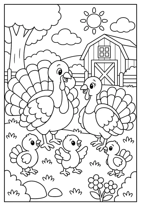 A turkey family portrait with feathers of all sizes coloring page
