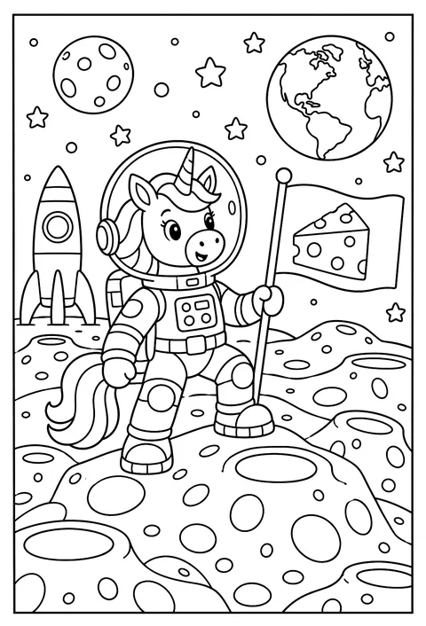 A unicorn astronaut planting a flag on a moon made of cheese, earth in the sky coloring page