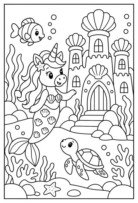 A unicorn mermaid with a shell-covered tail exploring a coral castle coloring page
