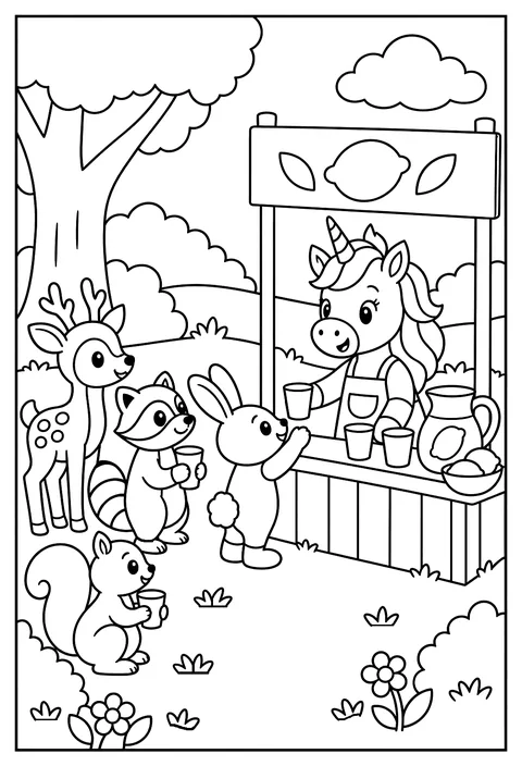 A unicorn running a lemonade stand for forest animals, with a hand-painted sign and a line of customers coloring page