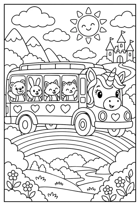 A unicorn school bus full of animal students driving over a rainbow bridge coloring page