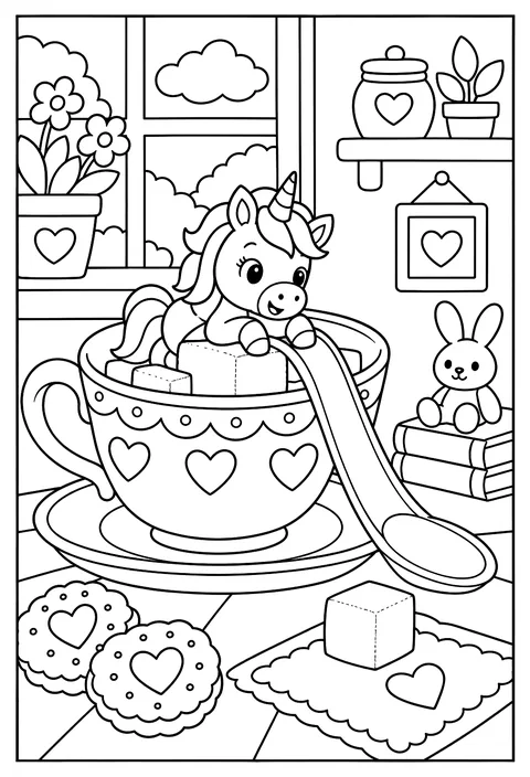 A tiny unicorn living in a teacup, using a sugar cube as a bed and a spoon as a slide coloring page