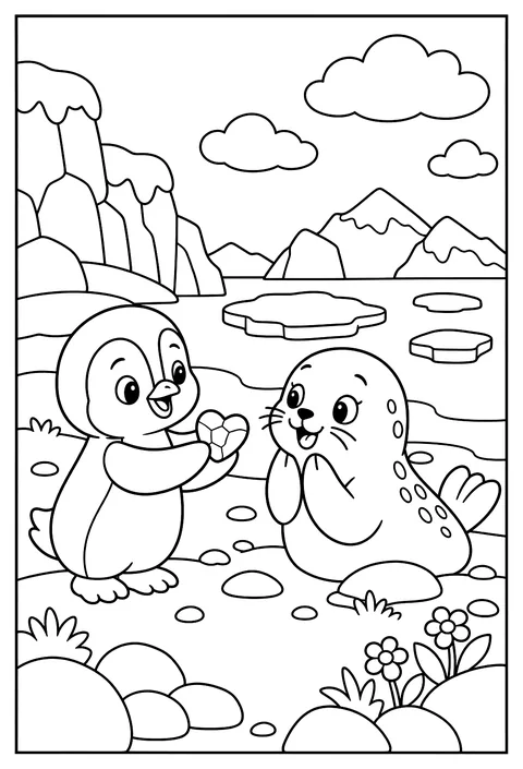 A baby penguin giving a pebble heart to a friend coloring page