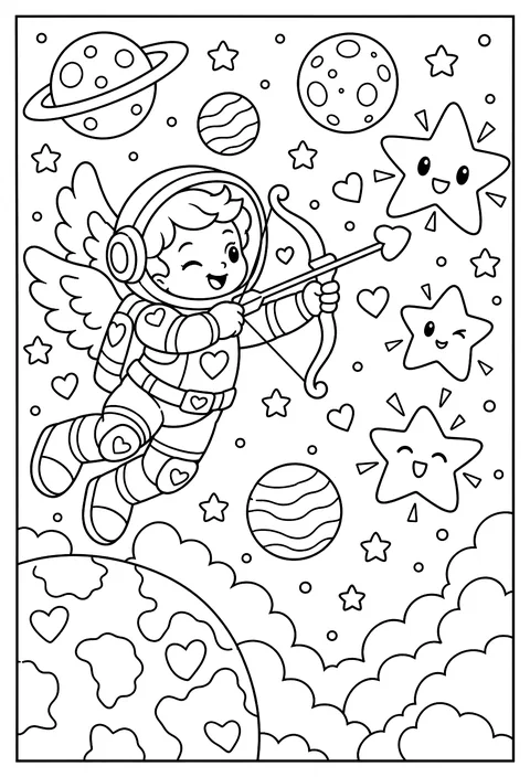A cupid astronaut shooting heart arrows at stars coloring page