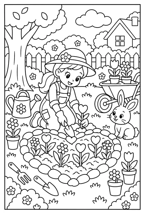 A gardener planting a heart-shaped flower bed coloring page