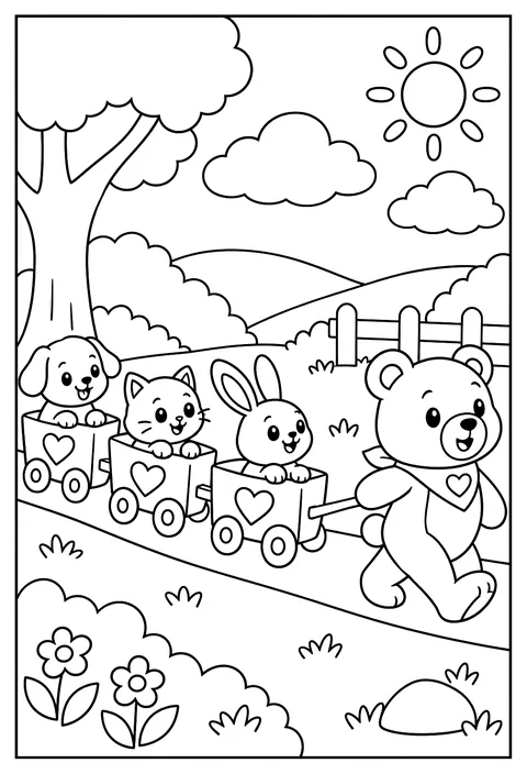 A heart train pulled by a bear coloring page