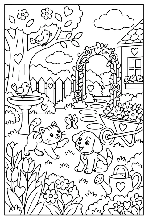 Hidden-object page: a garden with 12 hidden hearts coloring page