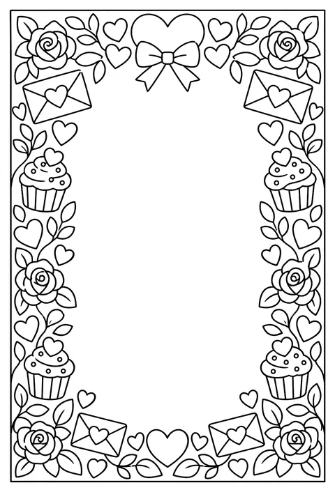 A page-border pattern of hearts, roses, envelopes and cupcakes around an empty frame coloring page