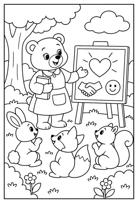 A teacher bear with a lesson on kindness coloring page