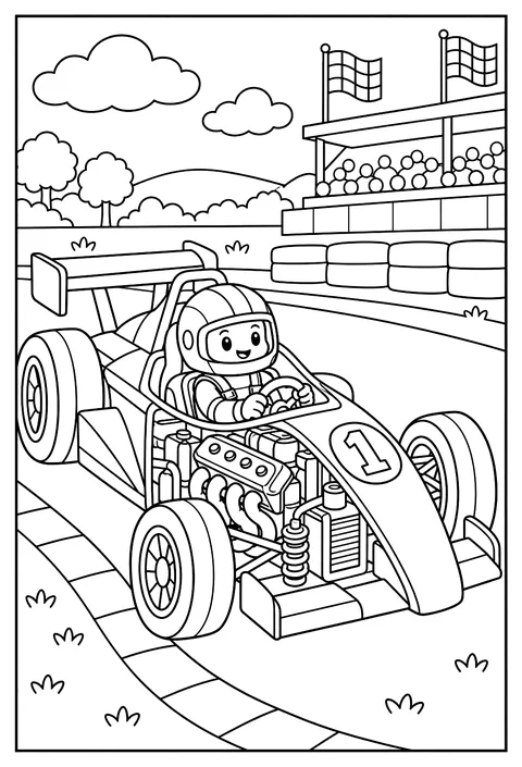 Cutaway of a race car showing the engine, the driver and the wheels coloring page