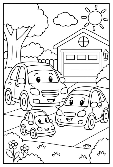 A family of cars in a driveway: big car, medium, and a tiny toy car coloring page