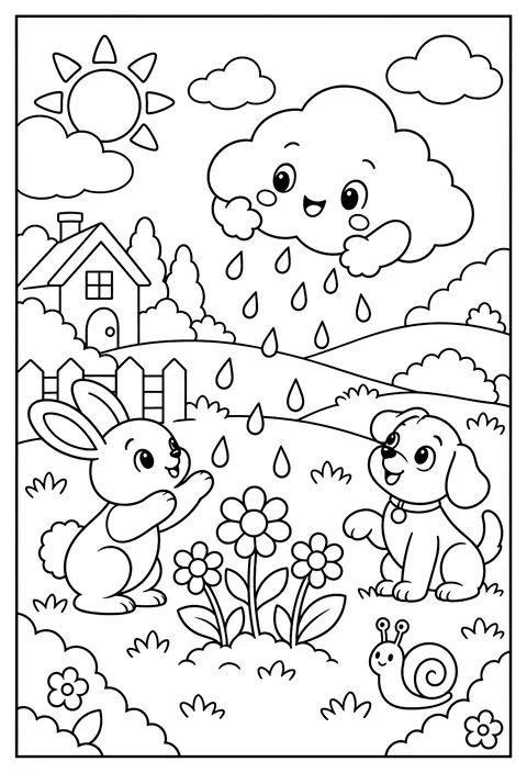 A baby cloud learning to make rain coloring page