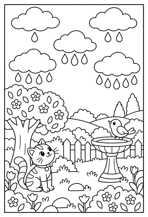 Count-and-color: five clouds with 1 to 5 raindrops coloring page