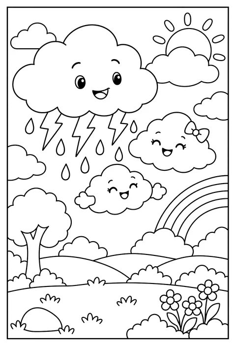 A family of clouds: big storm dad, small puffy kids coloring page