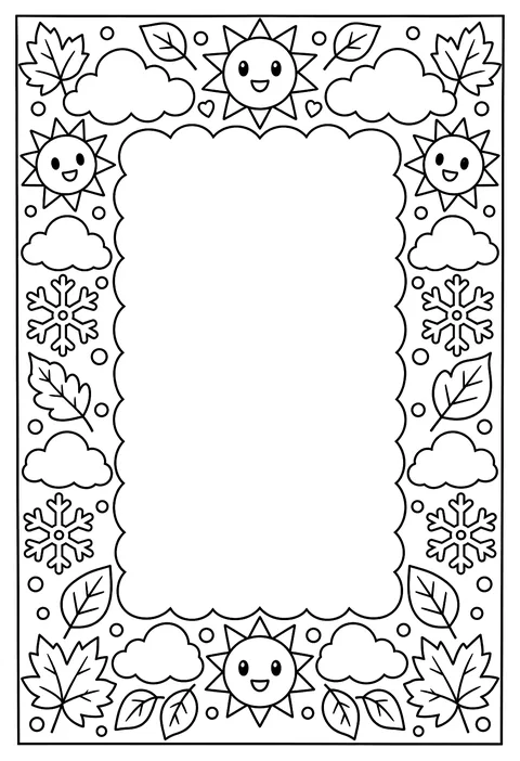 A page-border pattern of suns, clouds, snowflakes and leaves around an empty frame coloring page