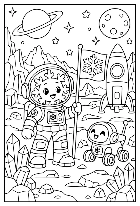 A snowflake astronaut on an ice planet coloring page